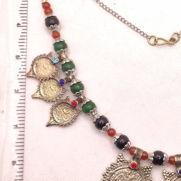 Vintage Coins With Beaded Chain Choker Necklace, Tribal Coins Choker Necklace, - Picture 4 of 6